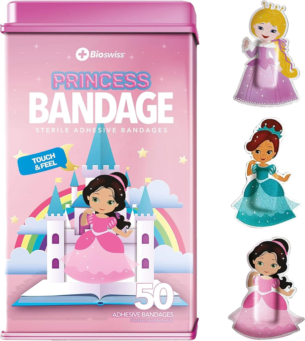 BioSwiss Bandages, Princess Shaped Self Adhesive Bandage Set, Latex Free, Sterile Wound Care, 50 Count