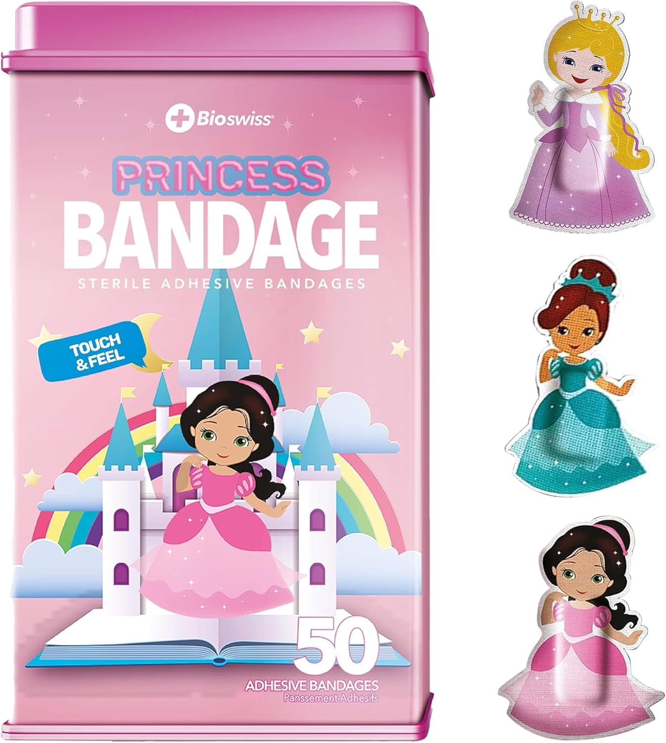 BioSwiss Bandages, Princess Shaped Self Adhesive Bandage Set, Latex Free, Sterile Wound Care, 50 Count